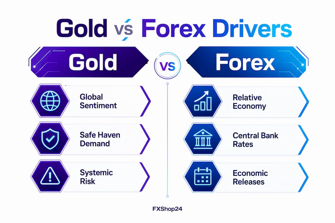 Infographic comparing gold and forex market drivers
