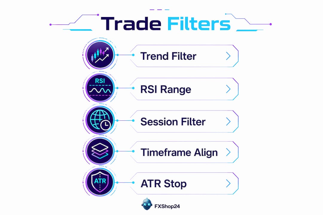 Infographic illustrating gold trend bot trade filters with steps