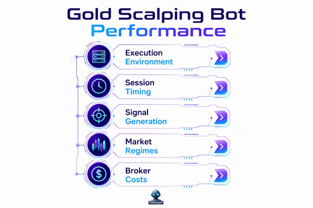 Infographic illustrating gold scalping bot performance factors
