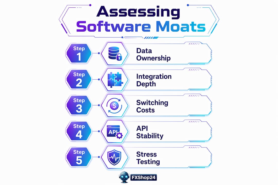 Infographic outlining five steps to assess trading software moats