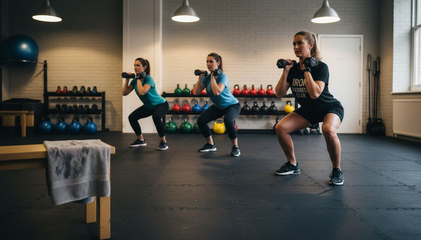 Group performing aerobic and resistance exercises at gym