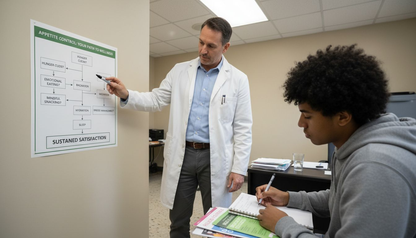 Nutritionist teaching patient with appetite chart
