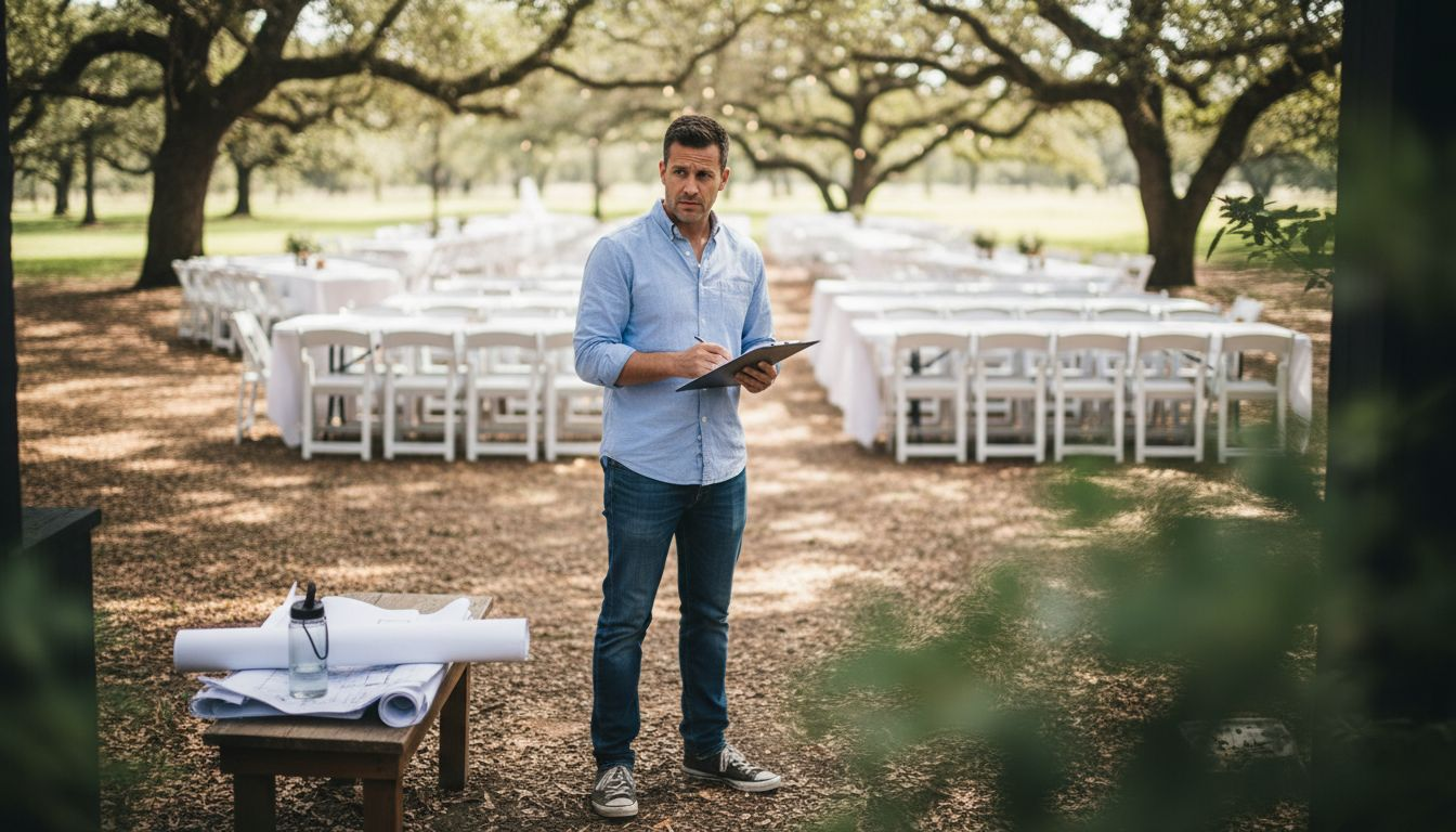 Event planner evaluating outdoor venue space Event planner evaluating outdoor venue space