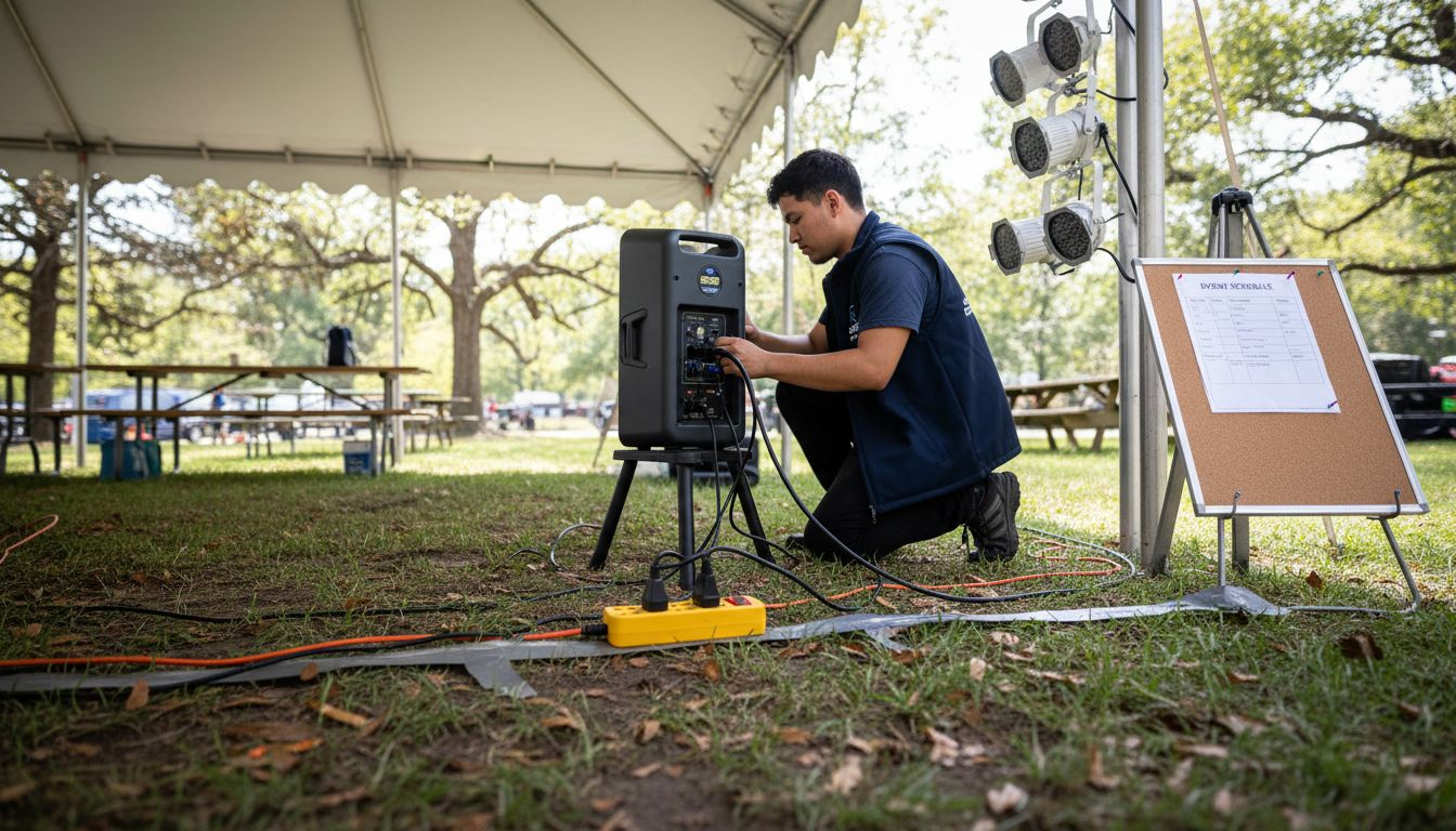 Technician sets up outdoor event technology Technician sets up outdoor event technology