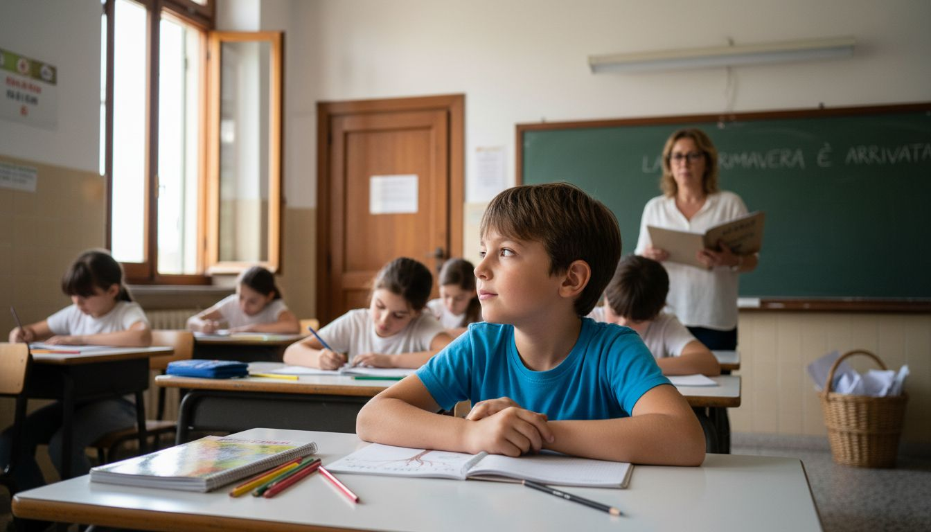 Un bambino che fatica a concentrarsi in classe, seguito con attenzione dall’insegnante.