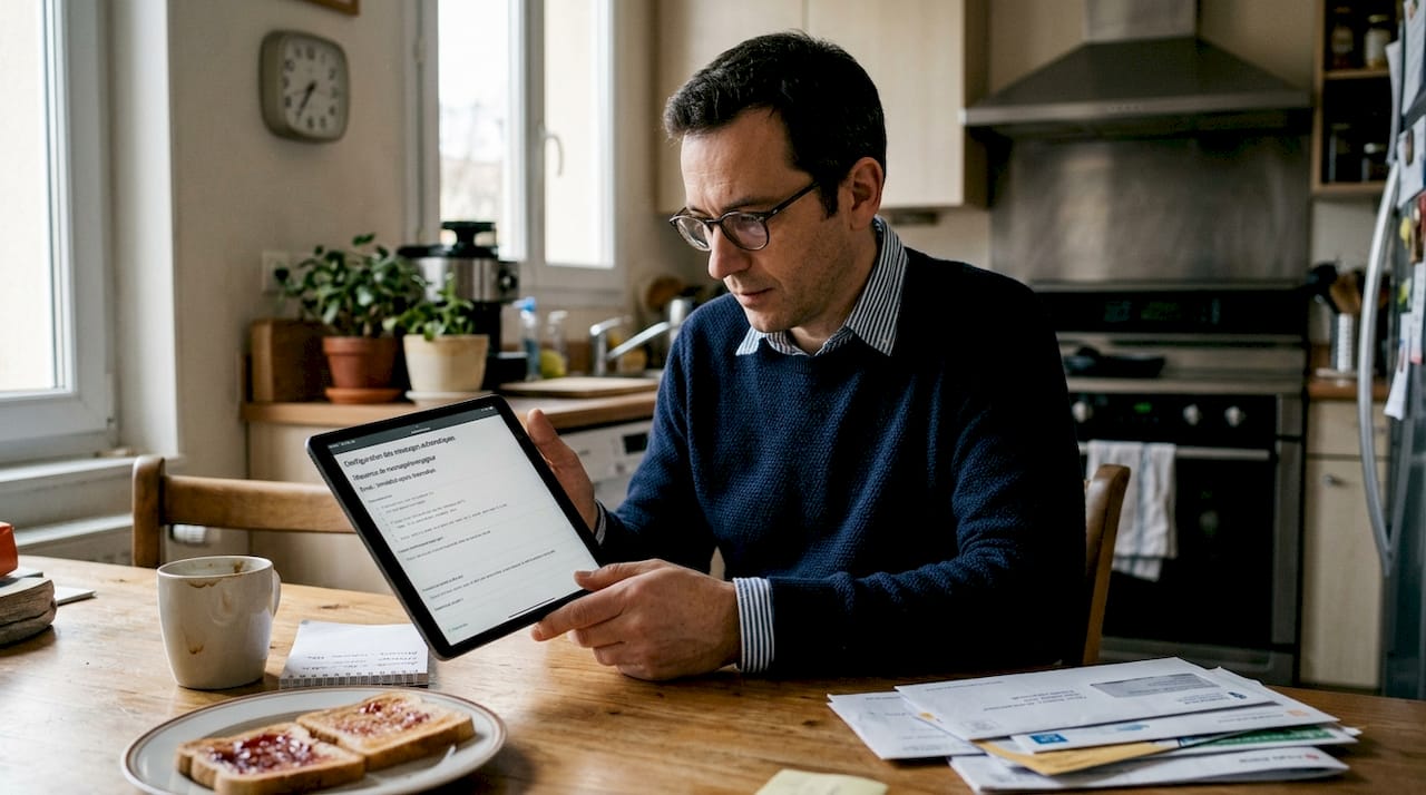 Un homme organise ses messages Airbnb depuis sa tablette.