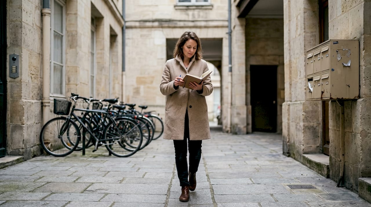 Propriétaire, une femme profite de la cour intérieure de son immeuble en ville.