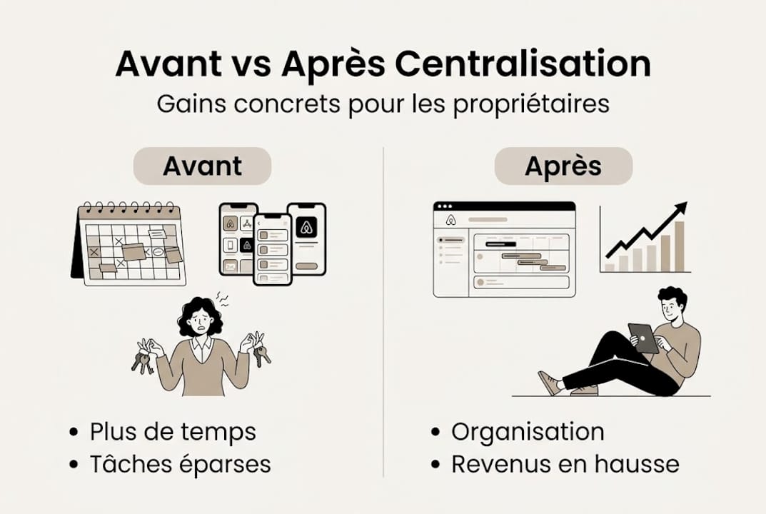 Visuel comparatif illustrant la situation avant et après la centralisation