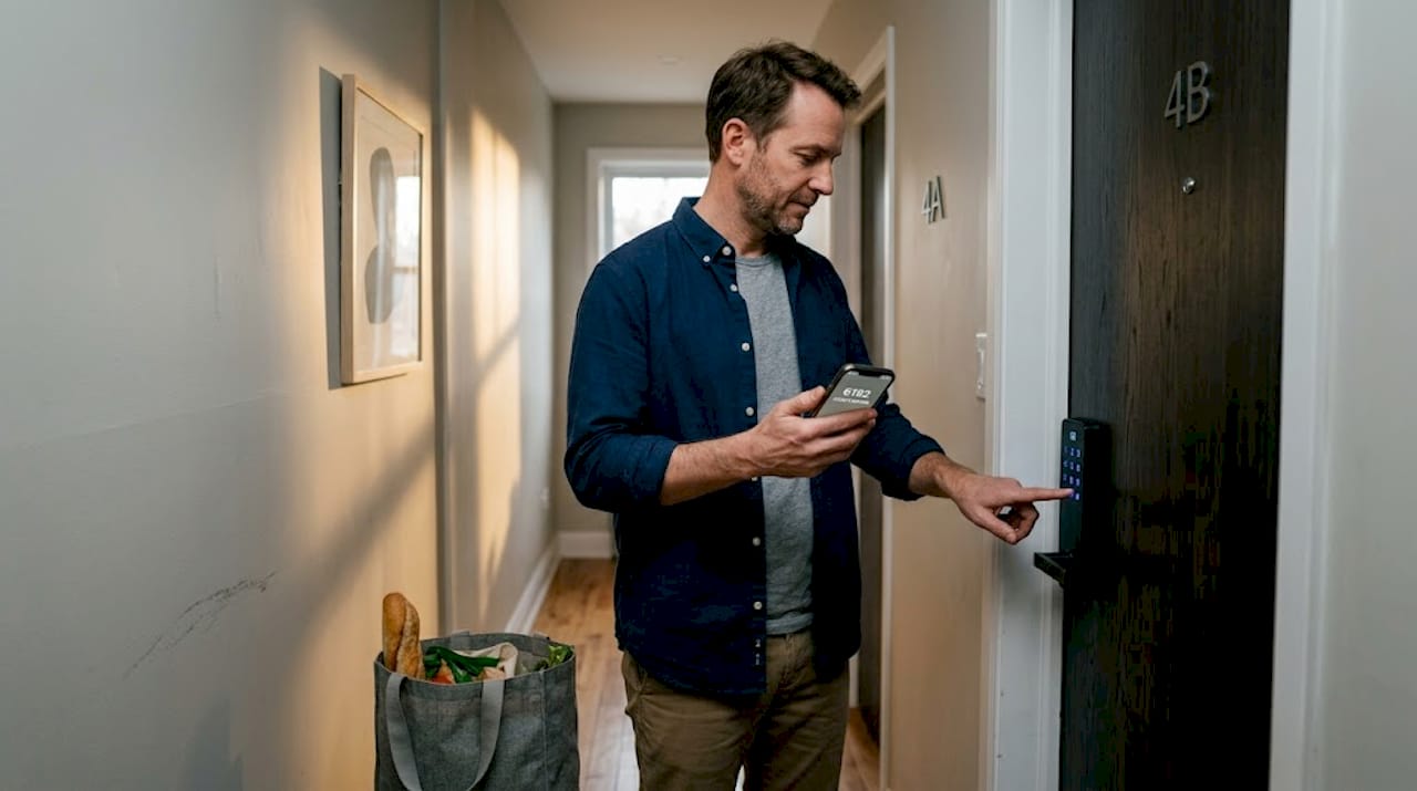 Un homme compose le code d’accès sur la serrure connectée de son appartement.