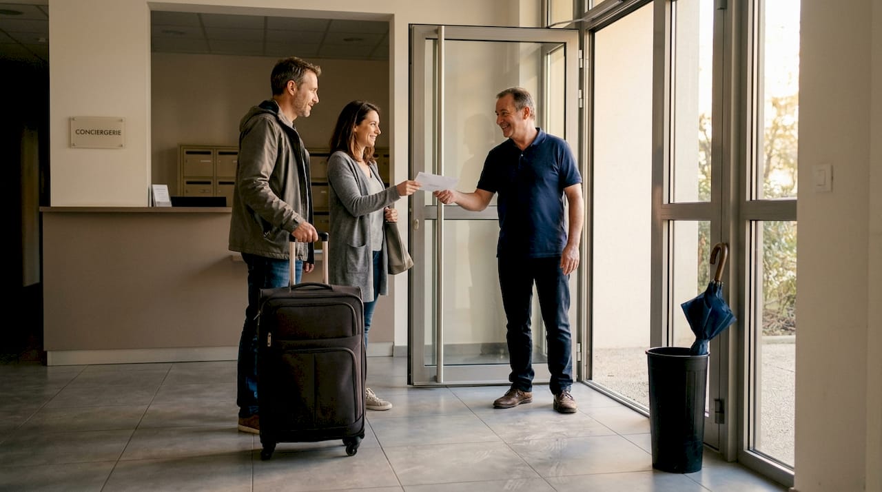 Le concierge accueille chaleureusement les résidents et visiteurs dès leur arrivée dans le hall de l’immeuble.
