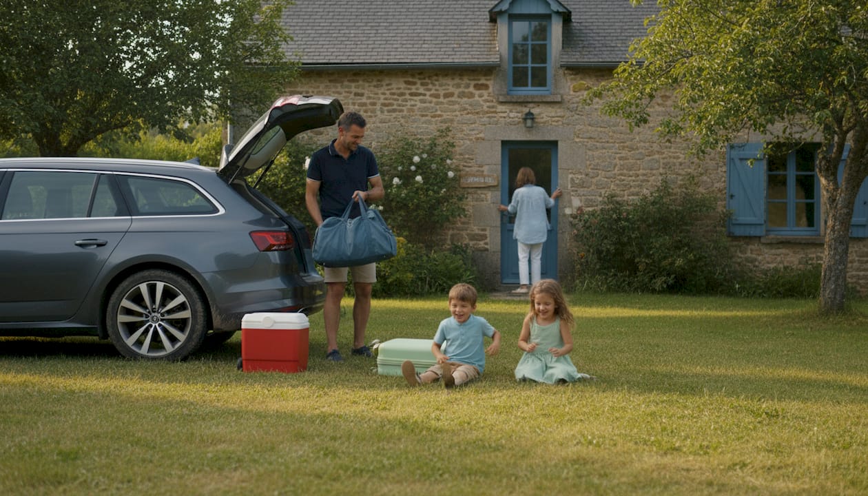 Une famille s'apprête à quitter leur gîte à la campagne après un agréable séjour.