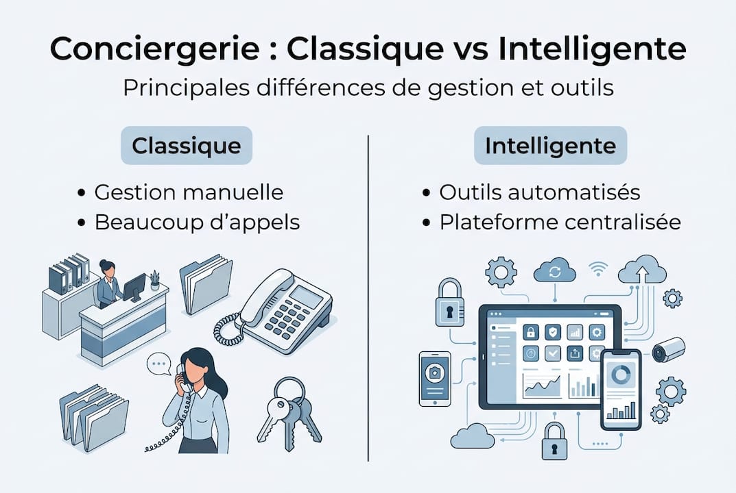 Visuel comparatif : conciergerie traditionnelle vs conciergerie connectée