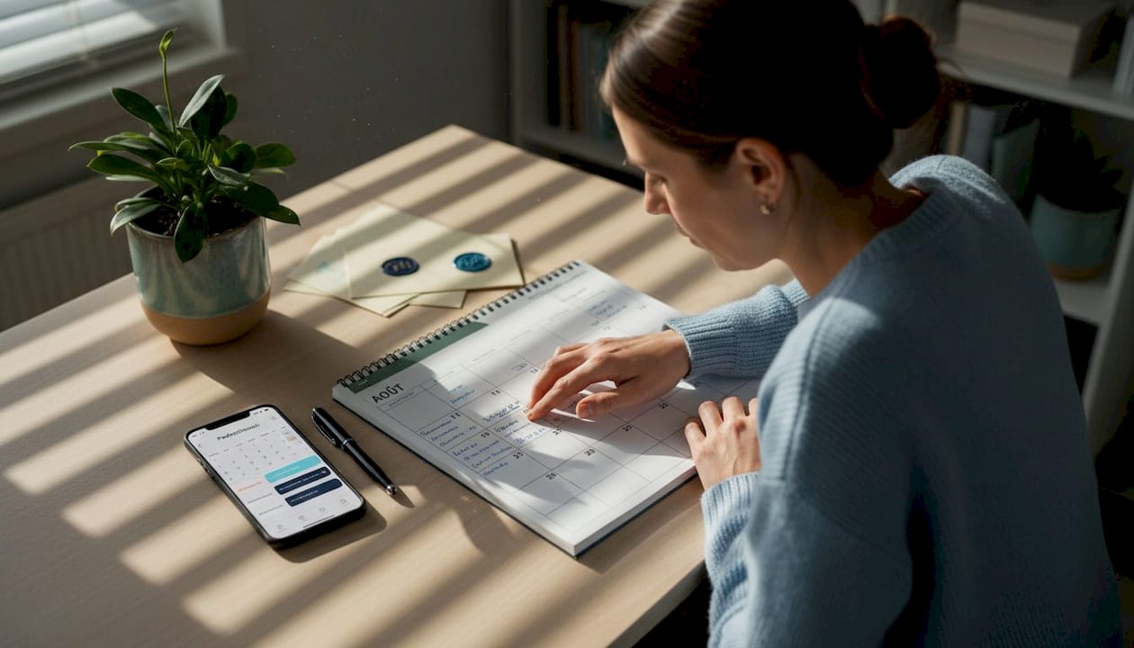 Une femme consulte les disponibilités et vérifie les conditions de location sur son planning.