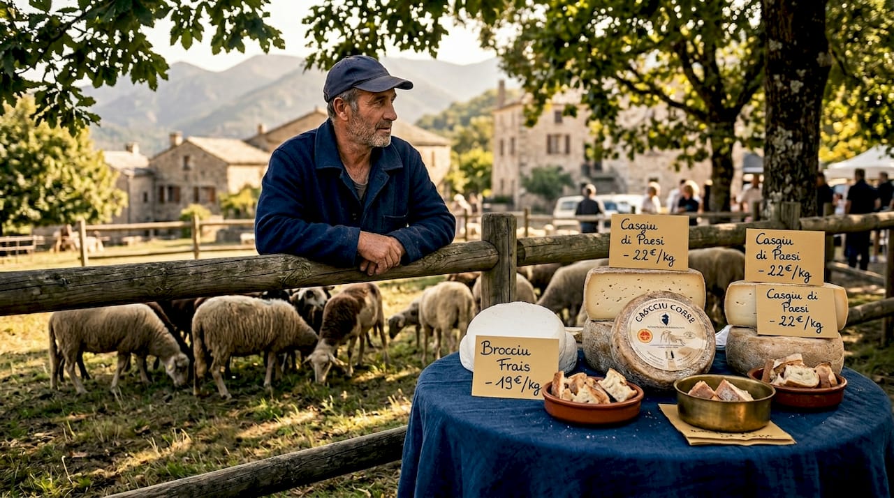Au cœur d’une foire corse, un berger présente fièrement ses moutons et ses fromages du terroir.