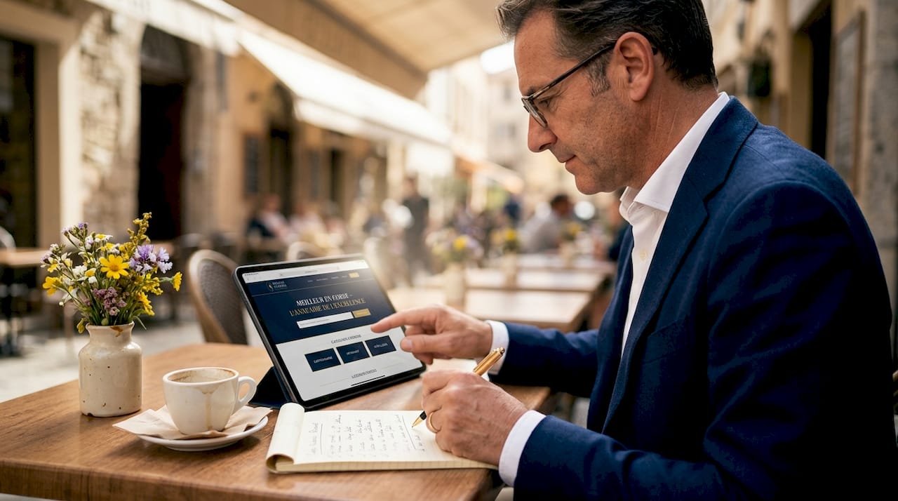Un client consulte l’annuaire corse installé à la terrasse d’un café.