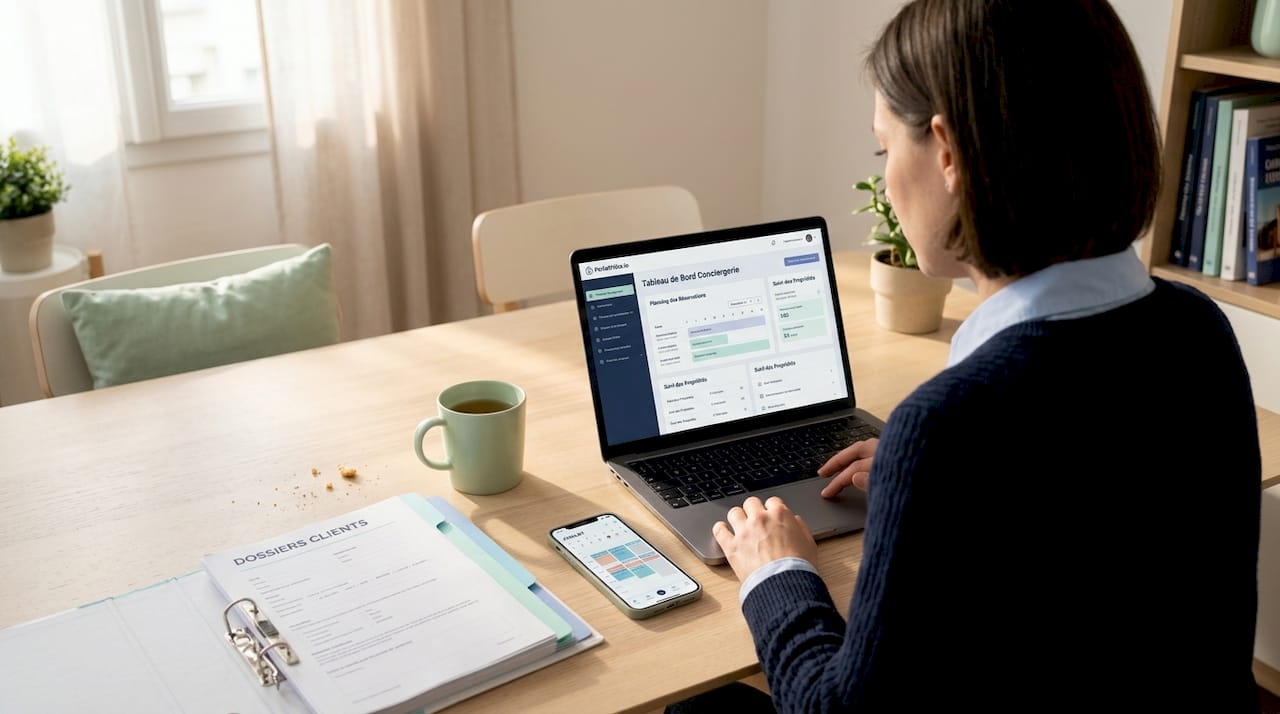 Un responsable de conciergerie en pleine gestion de son planning sur son ordinateur portable