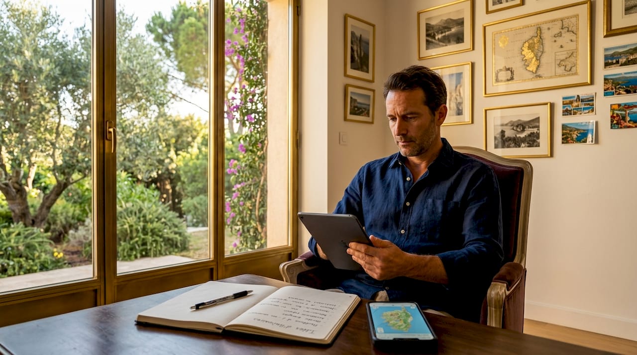 Un passionné prépare son voyage en Corse en s’appuyant sur les conseils d’un blog.