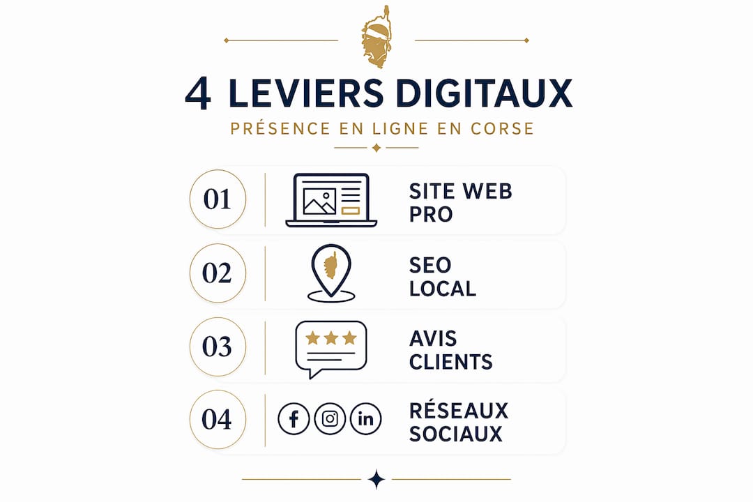 Infographie : les 4 piliers pour booster la visibilité digitale en Corse
