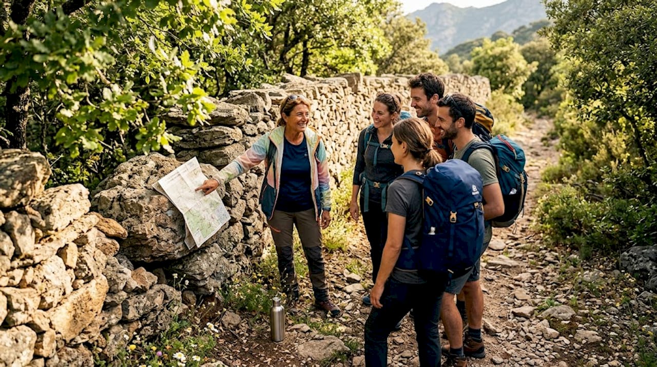Un accompagnateur local en Corse guide les randonneurs à travers les sentiers, partageant ses connaissances du territoire et ses conseils pour profiter pleinement de la nature insulaire.