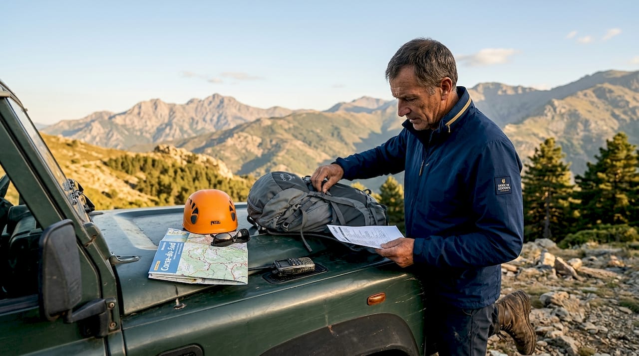 Avant de partir en randonnée en montagne, le guide prend toujours le temps de contrôler tout le matériel.