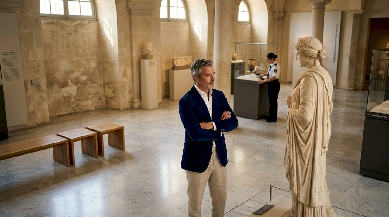 Un visiteur déambule dans une salle paisible d’un musée méditerranéen.