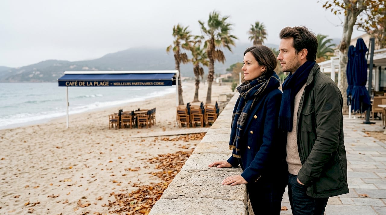 Un couple contemple une plage déserte sous les couleurs de l’automne.