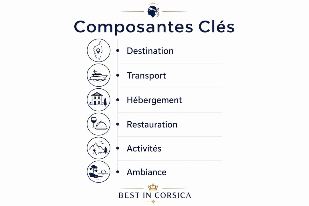Visuel présentant les six éléments essentiels qui composent une offre touristique