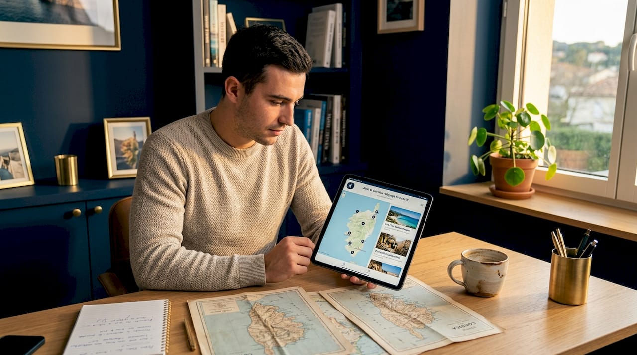 Un homme consulte une application de guide touristique interactif sur son bureau.
