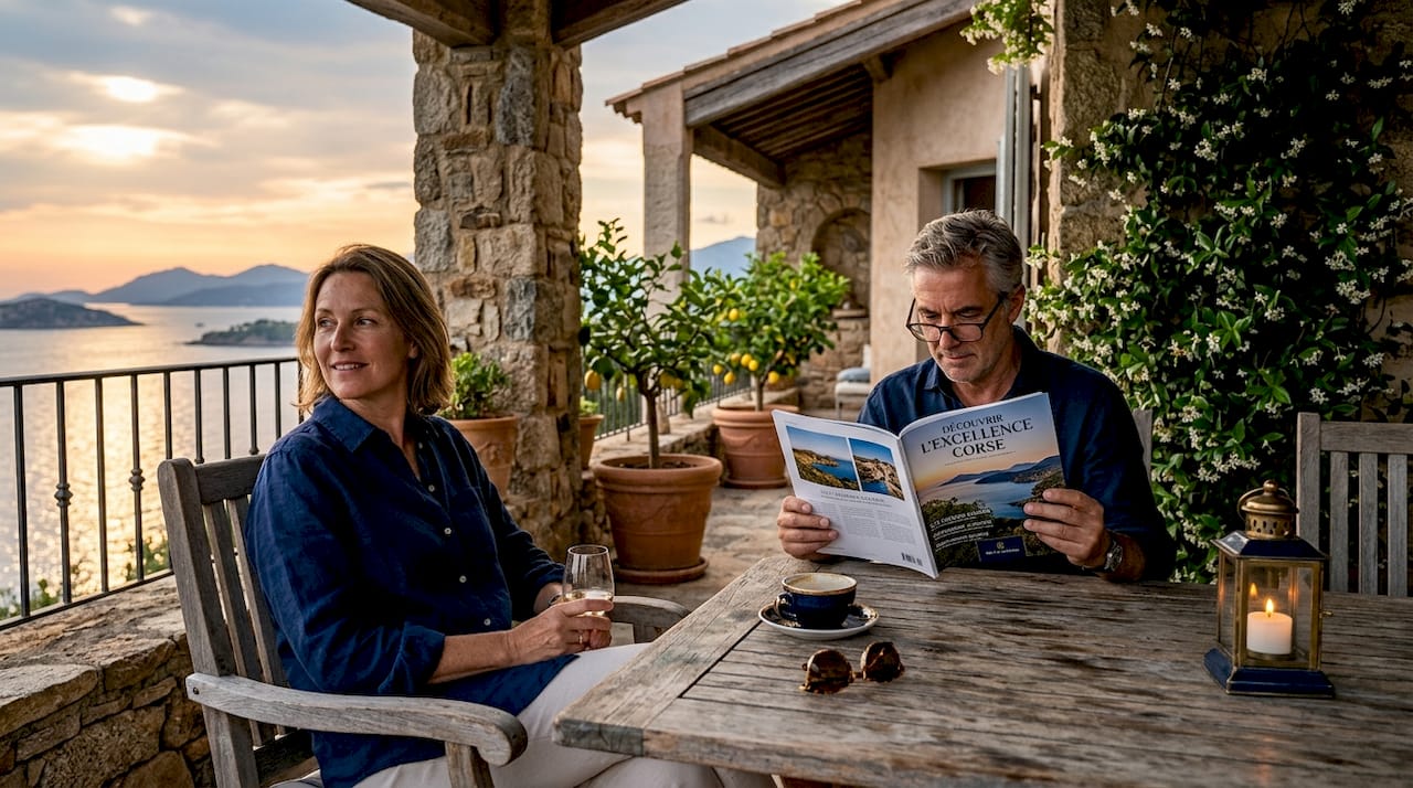 Un couple profite d’un moment privilégié sur la terrasse d’une somptueuse villa en Corse.