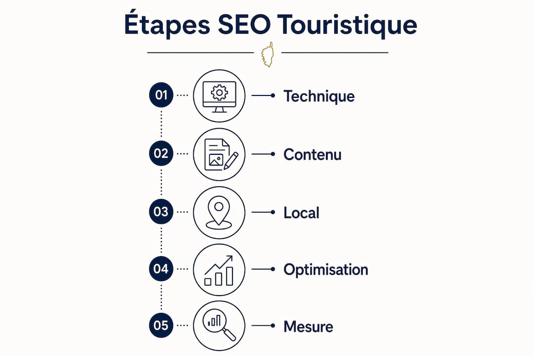 Visuel des grandes étapes à suivre pour optimiser le référencement d’un site touristique