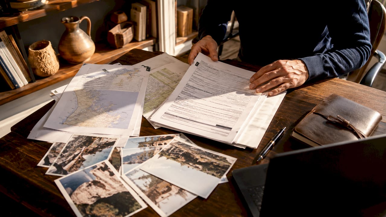 Des mains disposent soigneusement des brochures et guides de voyage sur une table en bois.