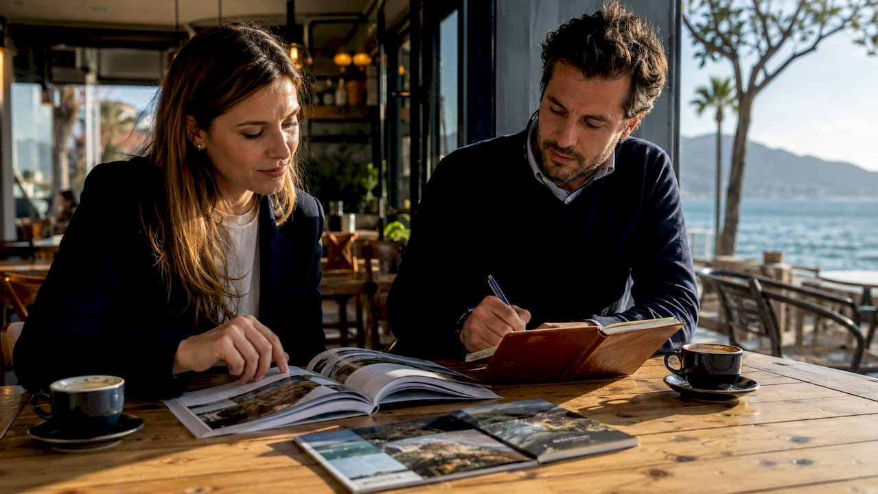 Des professionnels du tourisme en pleine préparation d’itinéraires, tablette à la main, cartes déployées devant eux.