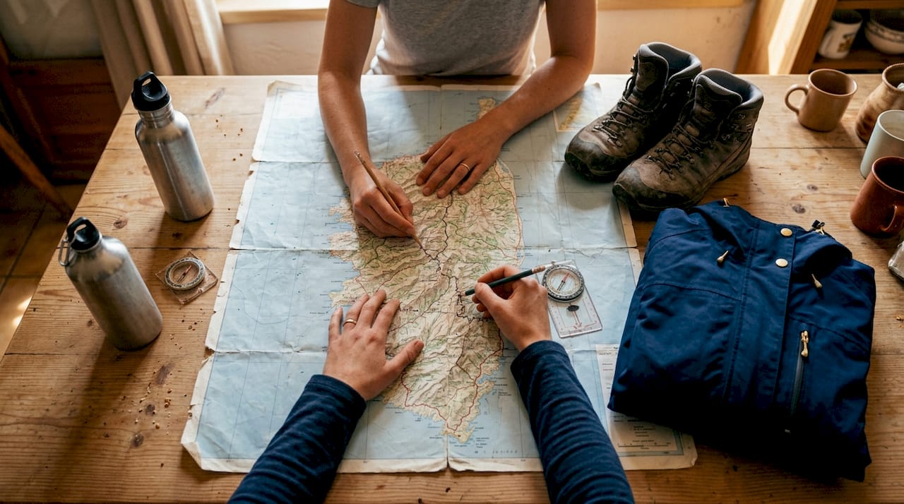Préparation d’une randonnée : des mains étalent la carte et organisent le matériel.