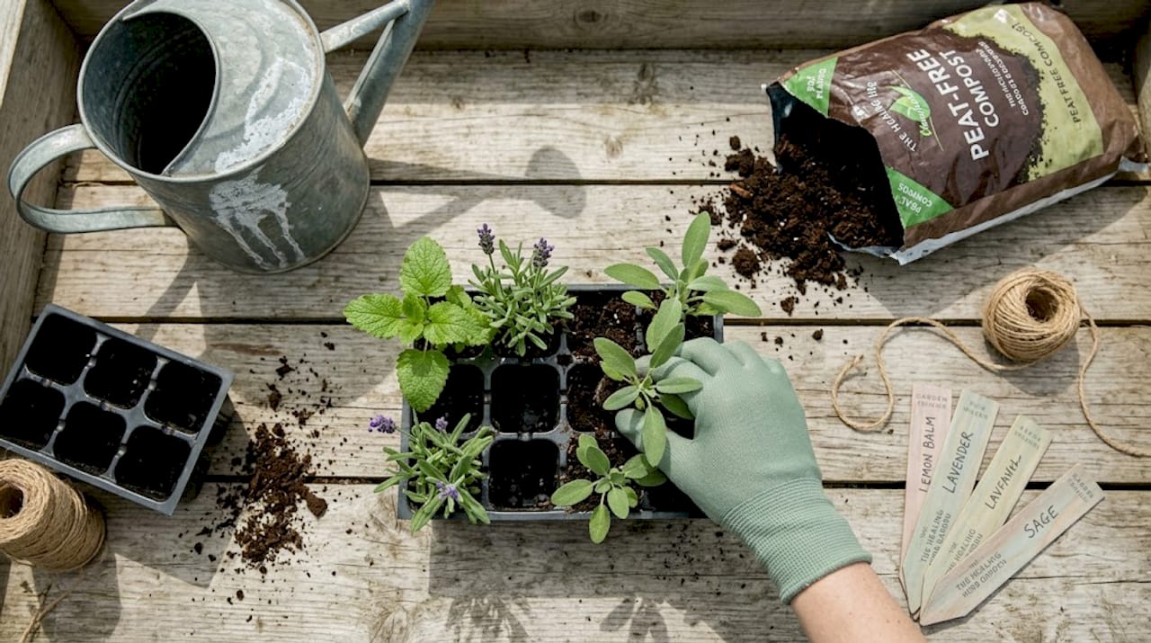 Starter tray with young herb plug plants
