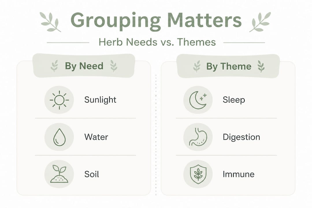 Infographic comparing grouping herbs by need vs theme