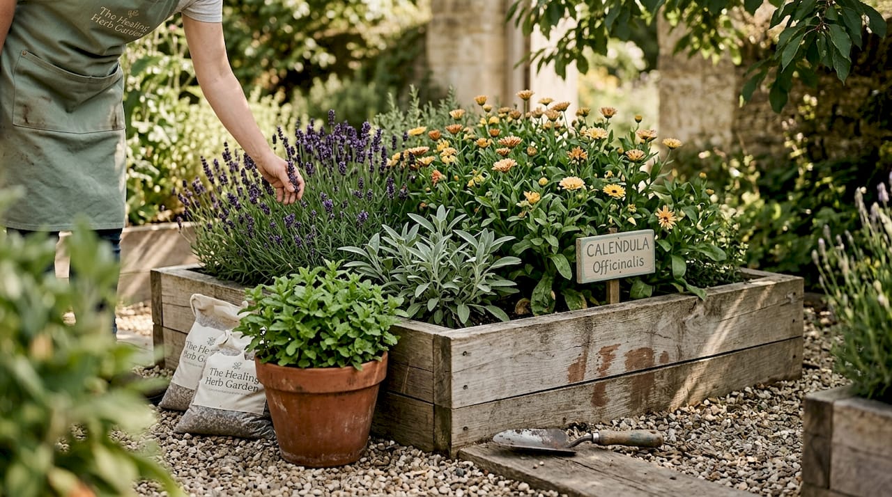 Raised bed with grouped healing herbs and tools