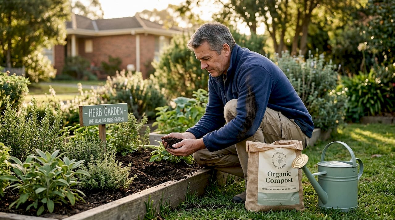Examining soil in home garden plot