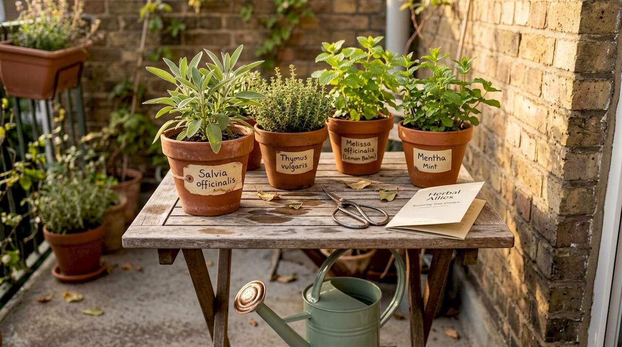 Assortment of potted medicinal herbs on balcony table