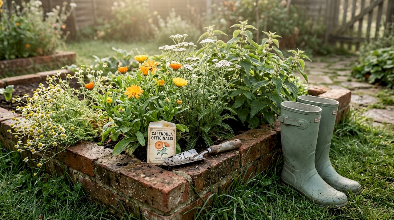 Selection of edible medicinal plants growing outdoors