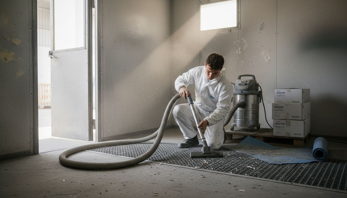 Worker HEPA vacuuming dust in spray booth