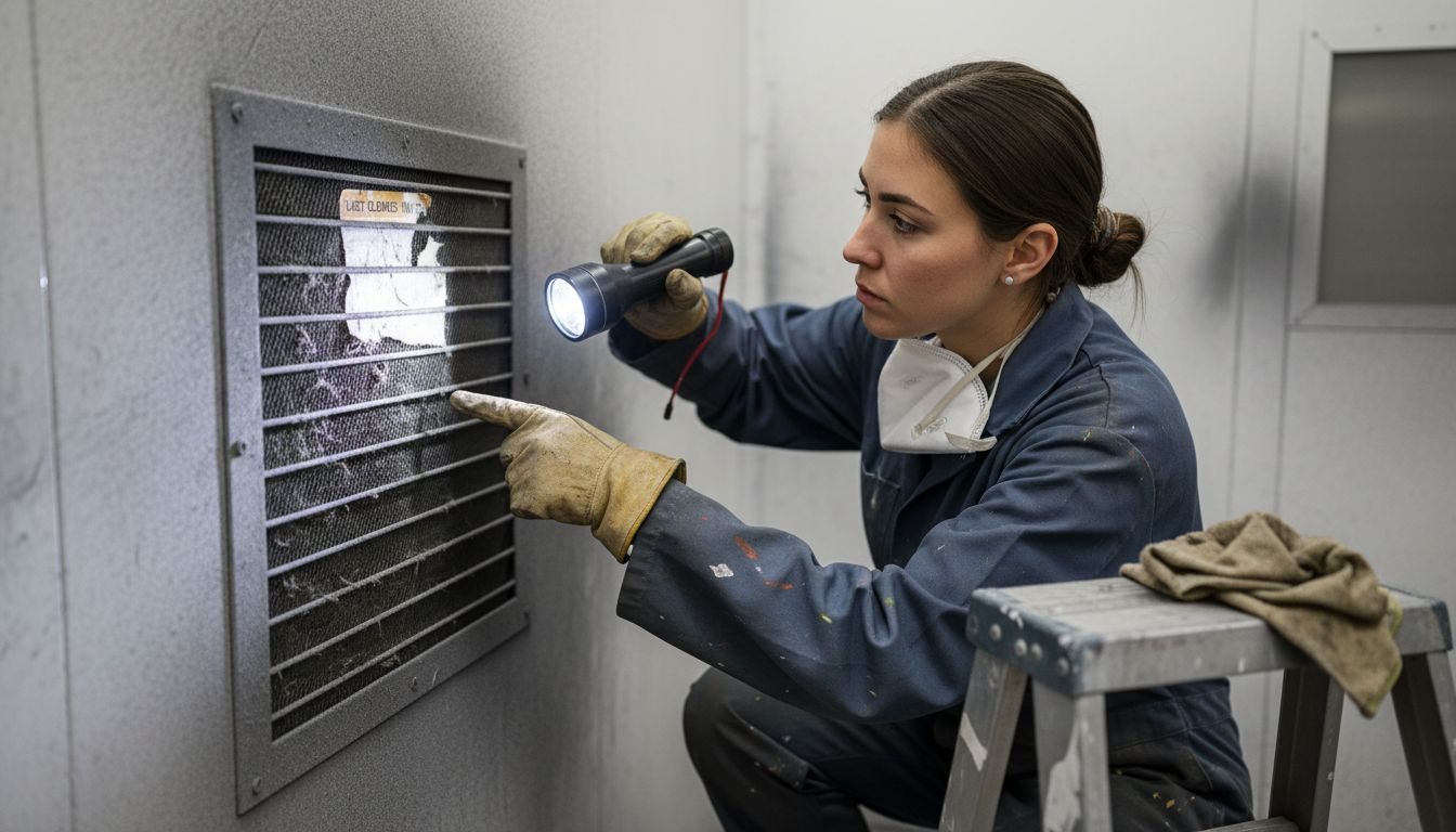 Manager checking spray booth vent for dust