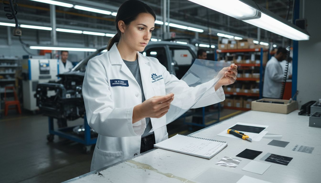 Engineer evaluating protective film material samples