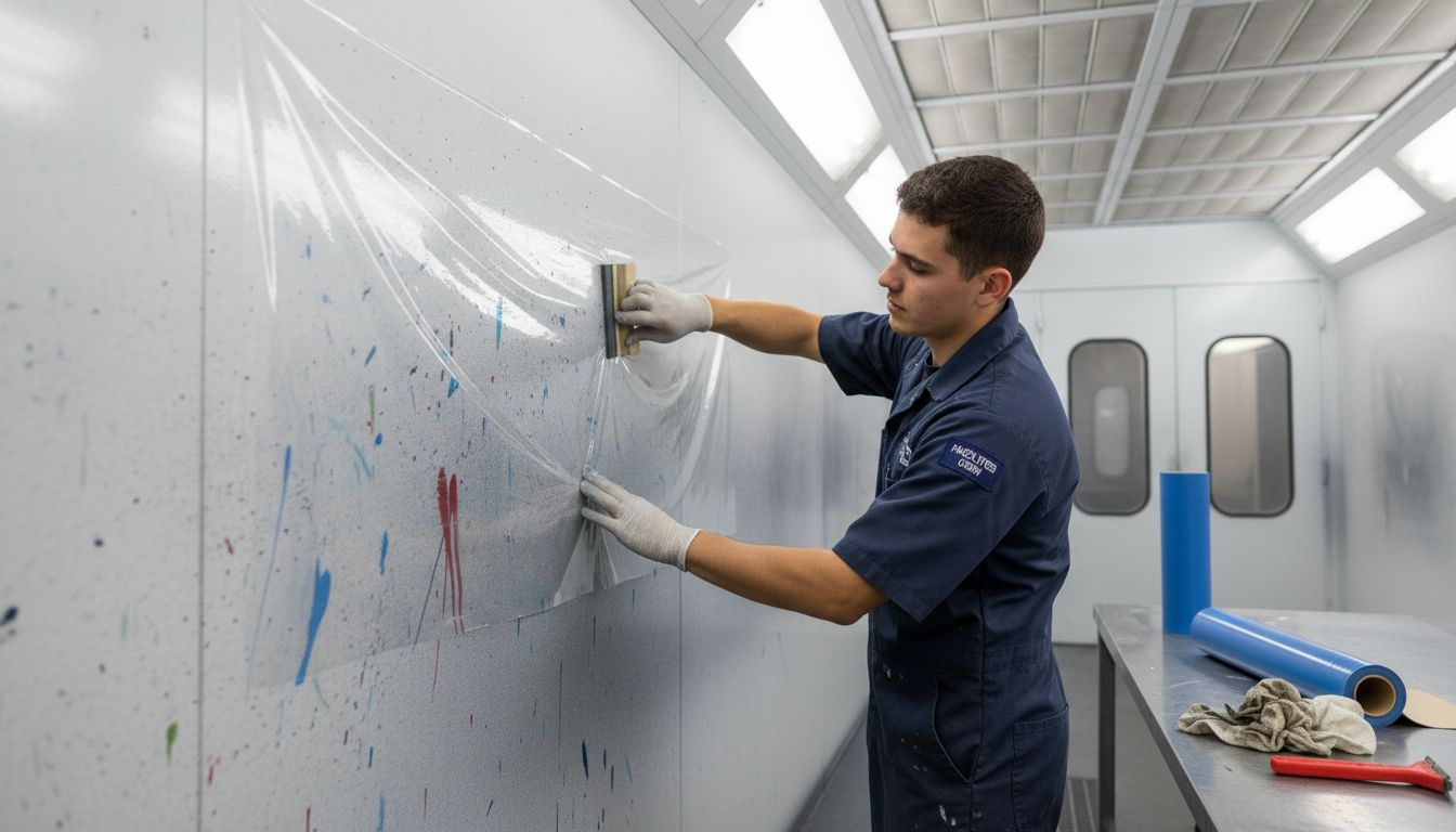 Applying film to dusty booth wall
