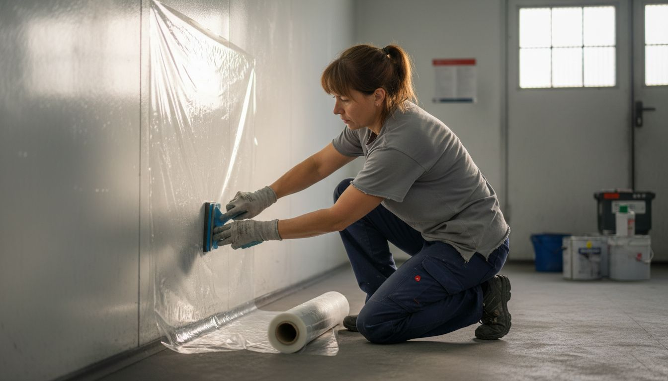 Worker applying dust protection film in booth