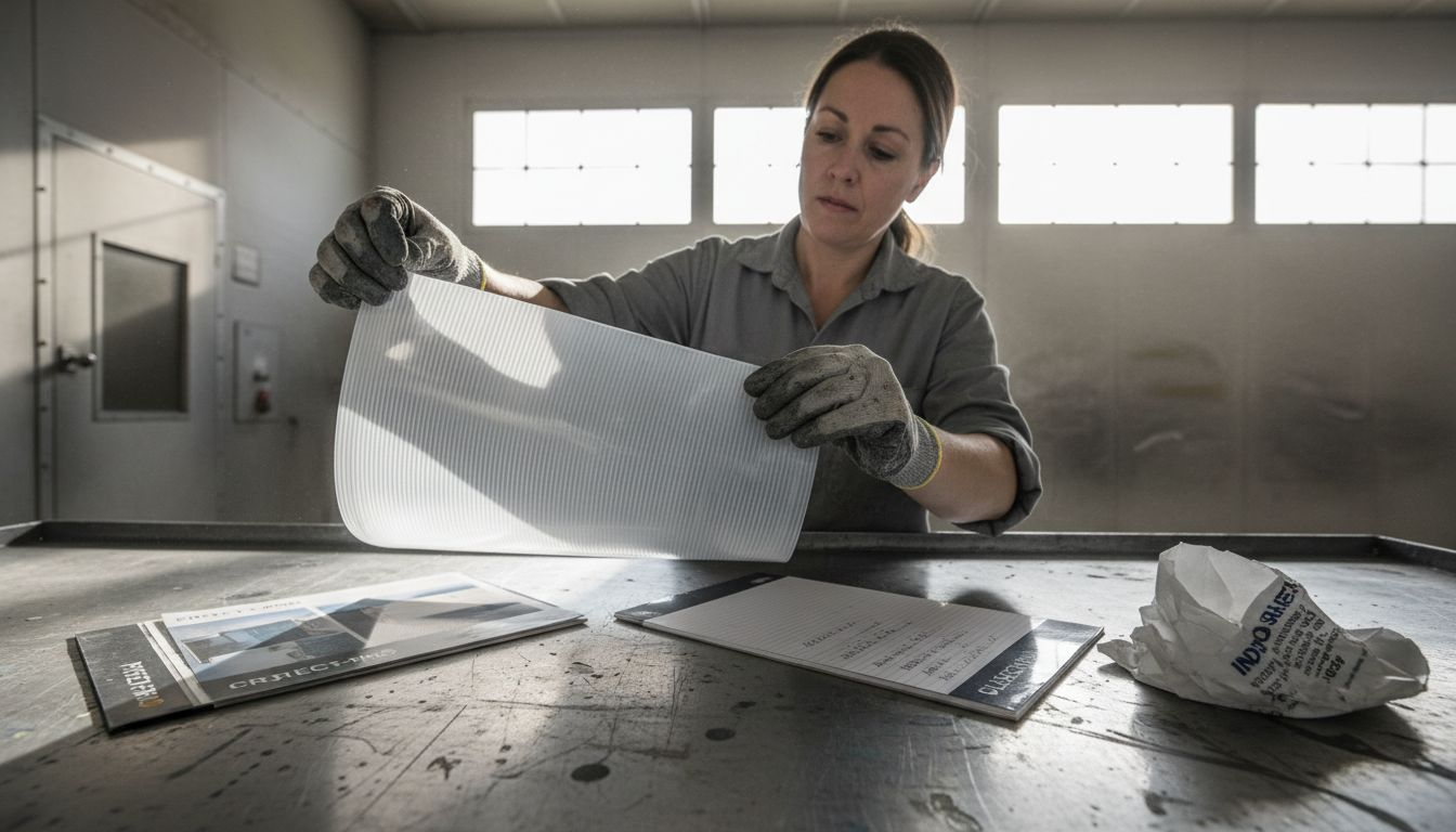 Worker inspects multi-layer spray booth film