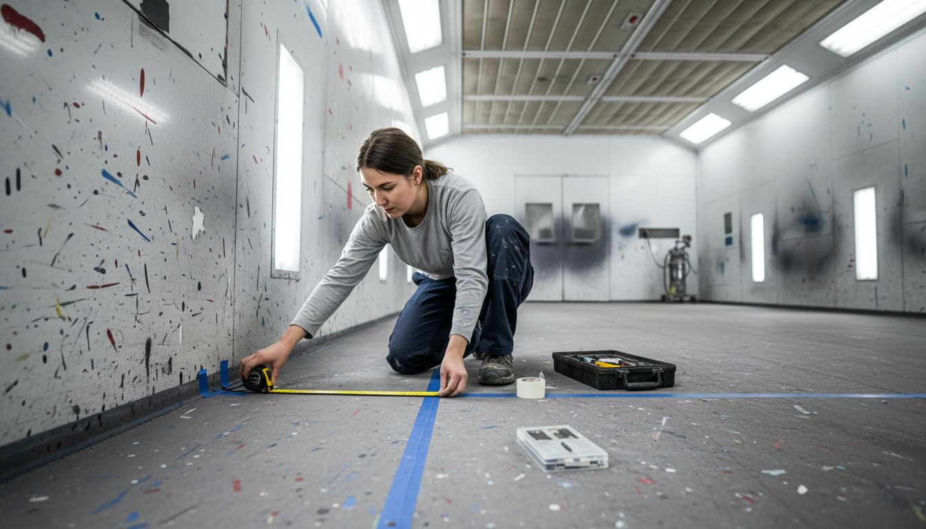 Worker measuring spray booth floor dimensions