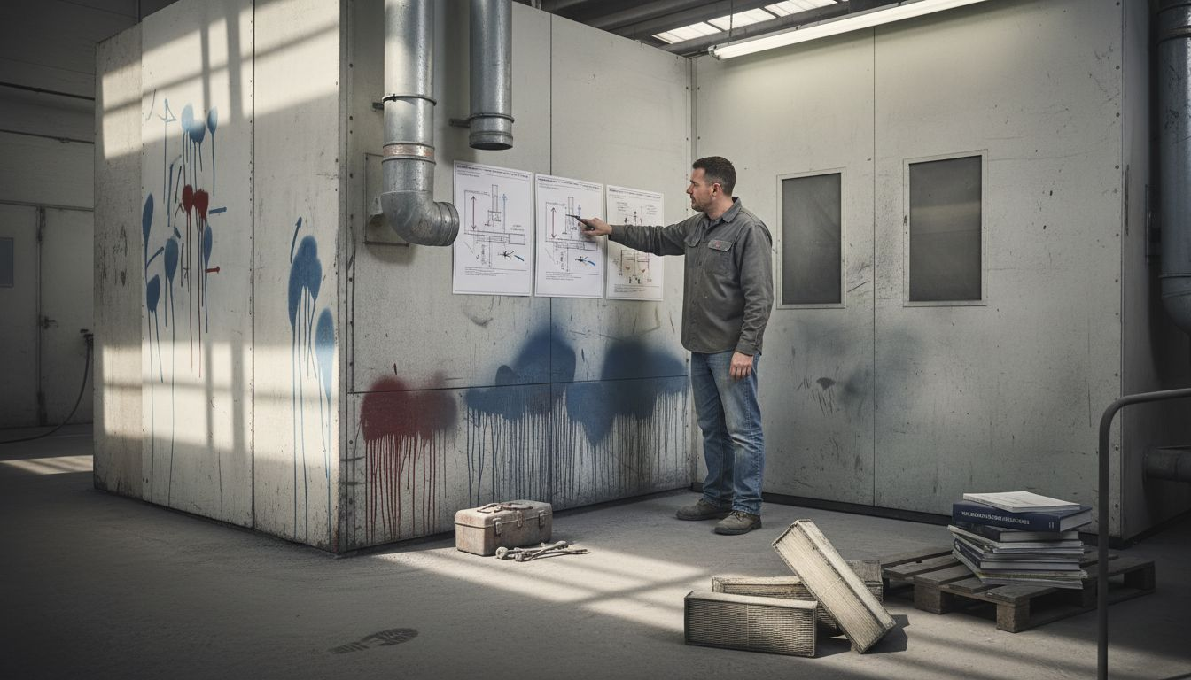 Manager reviewing spray booth airflow diagrams