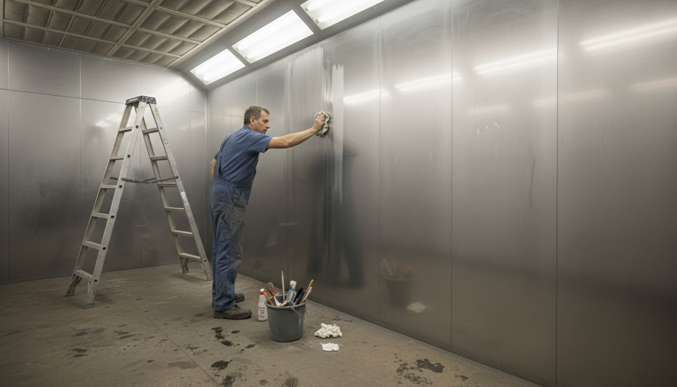 Worker cleaning spray booth wall surface