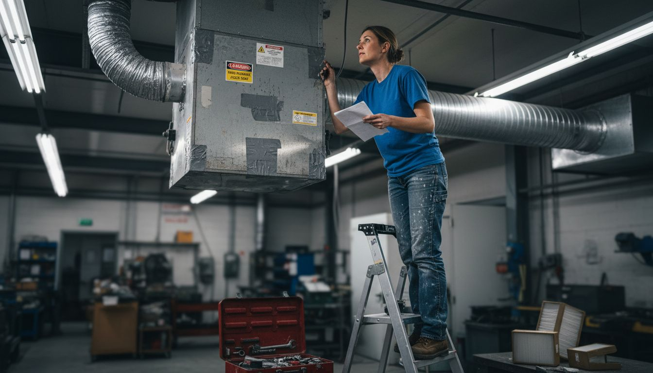 Worker inspecting spray booth ventilation system