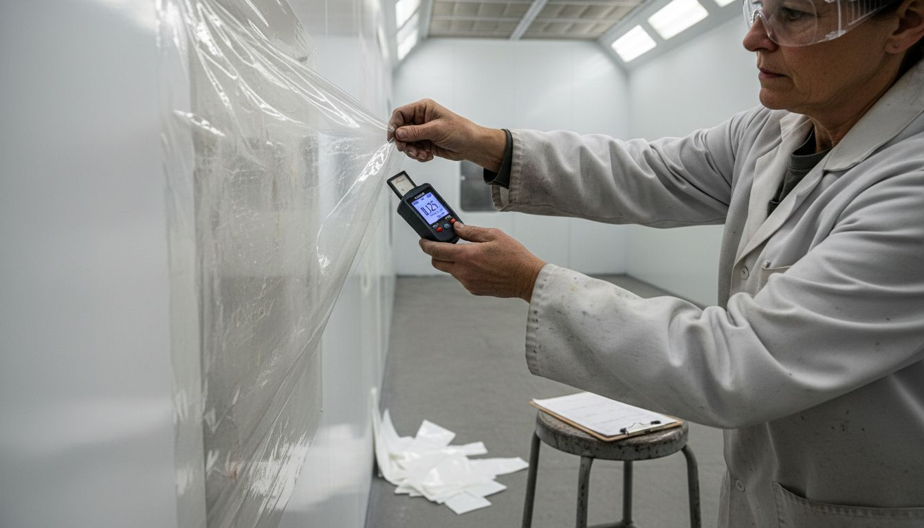 Inspector tests durability of spray booth film